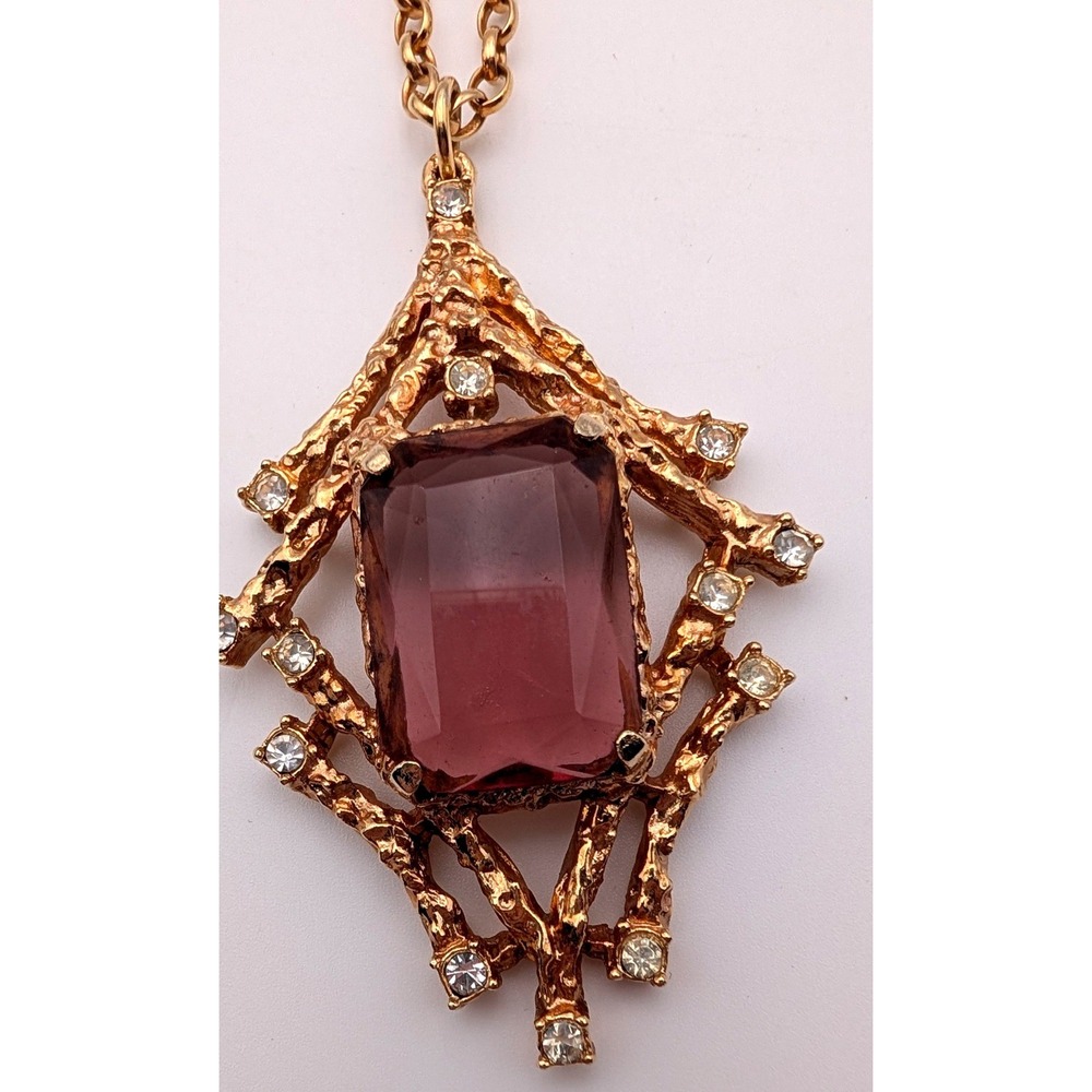 Sarah Coventry Vintage Brutalist Purple Stone Rhinestone Gold Tone Necklace